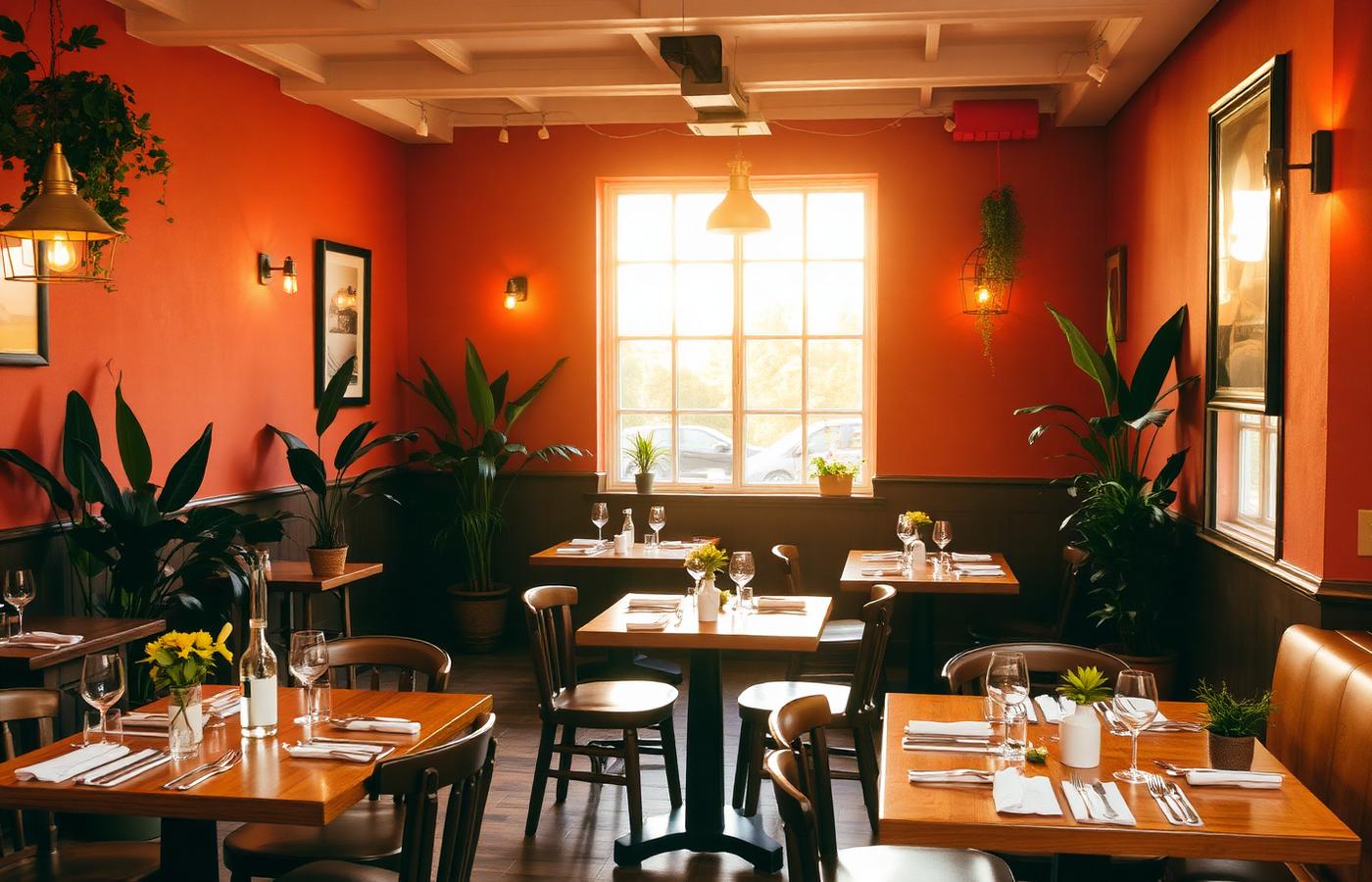 Warm dining room with wooden tables and brass lamps