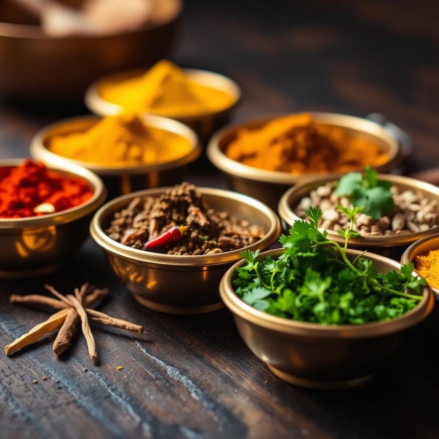 Brass bowls of freshly ground spices